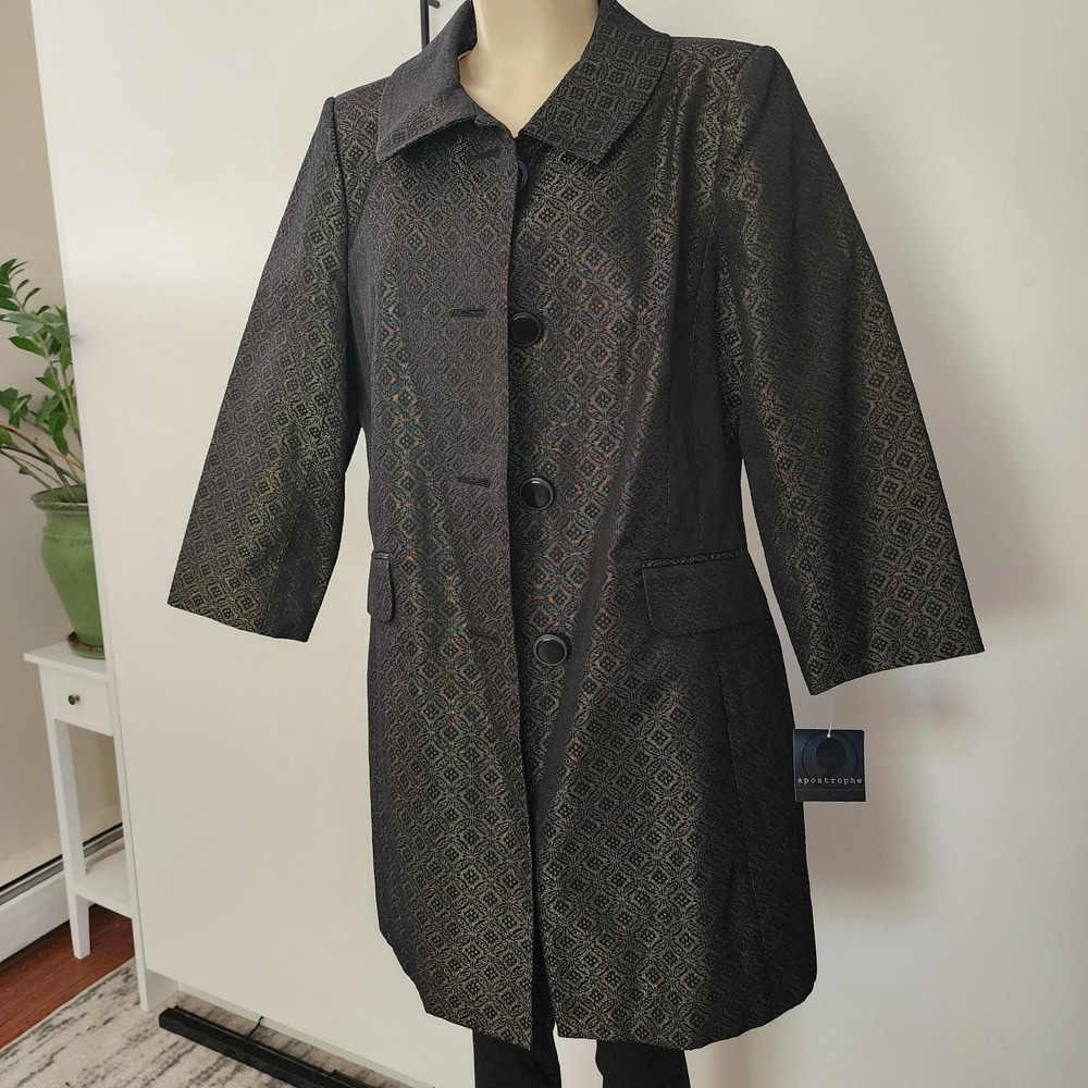 XL button front collar coat by Apostrophe black and gold, mandala pattern